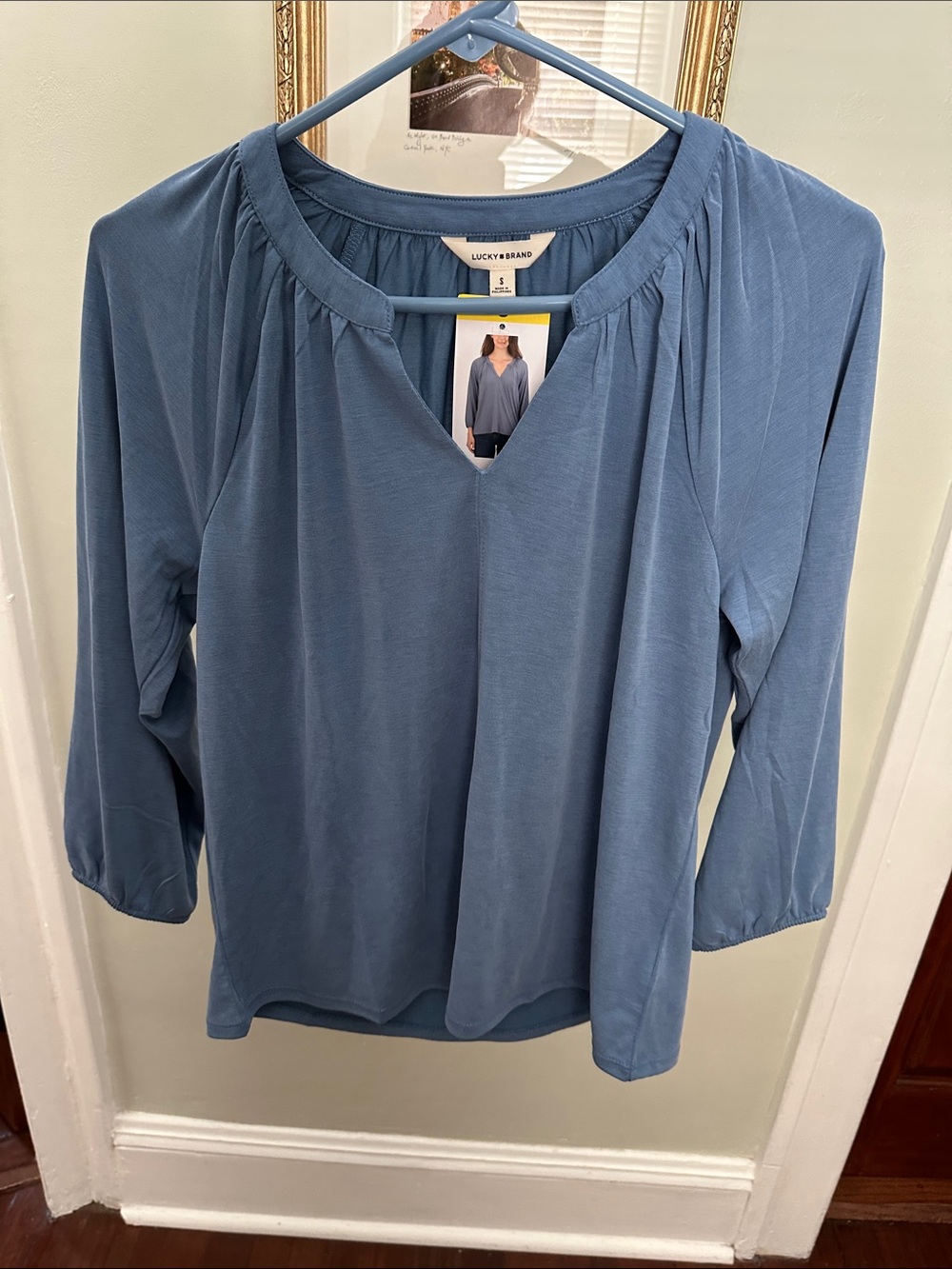 Lucky Brand Dusty Blue V-Slit Gathered Neck Blouse